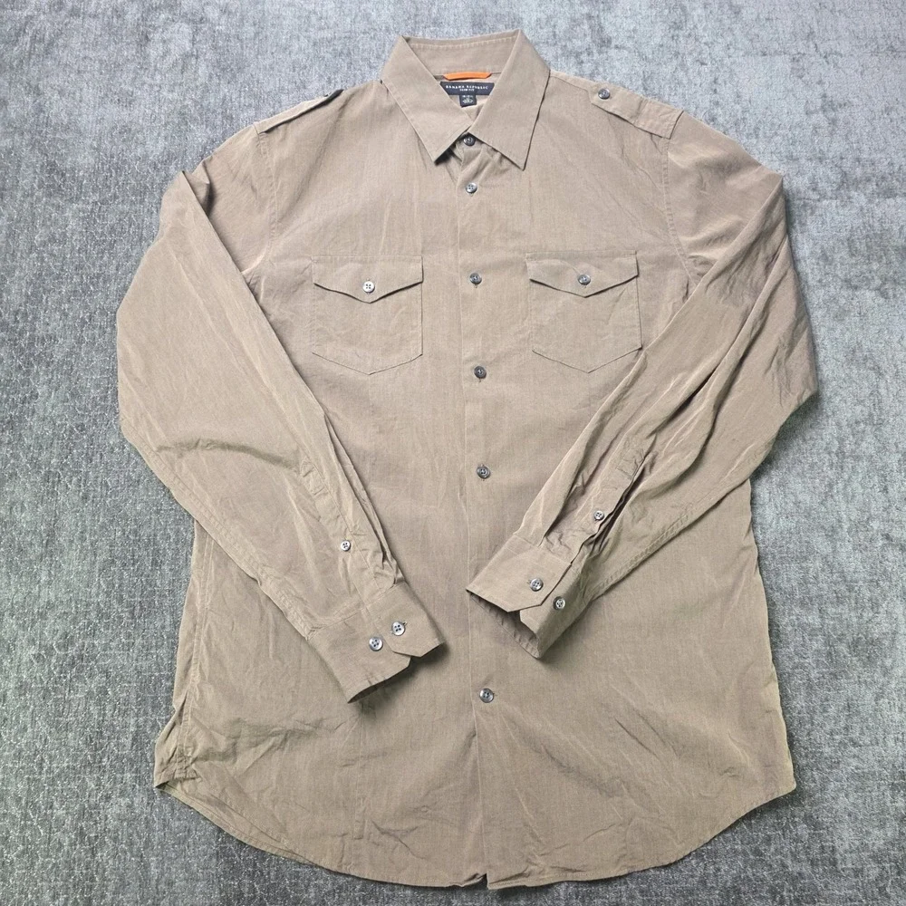 Banana Republic Slim Fit Button Up Shirt Mens Medium Tan Epaulette Shoulder Army